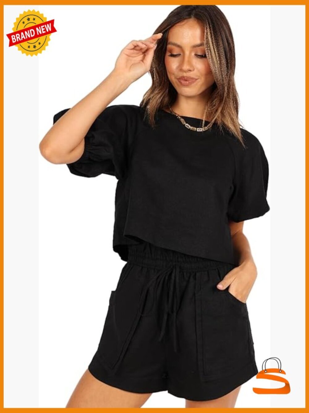 Linen 2-Piece Set - Short Sleeve Top & High Waisted Shorts